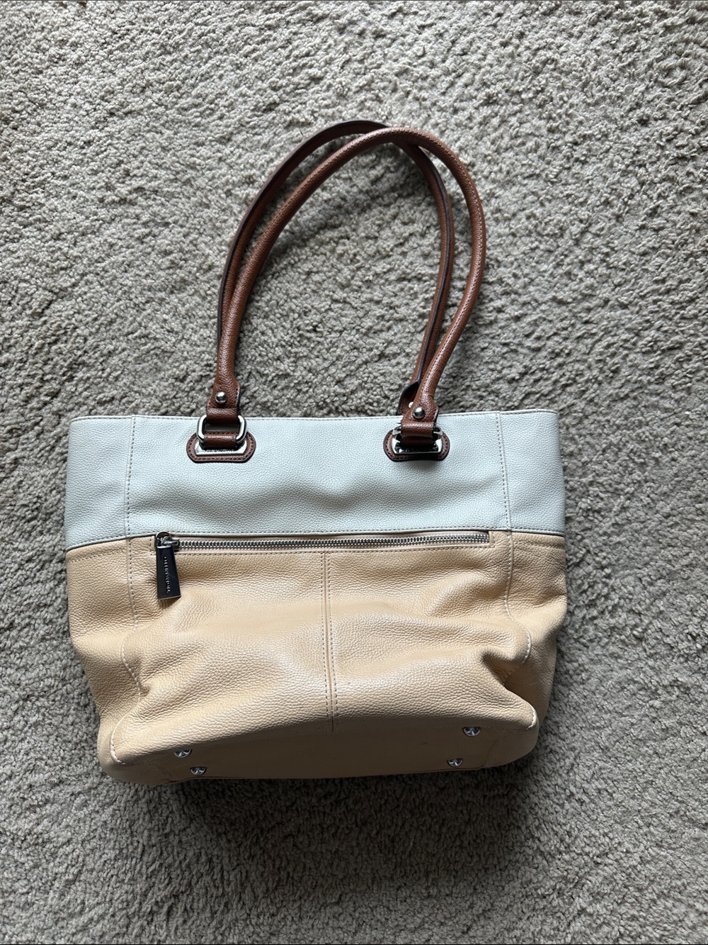 Adorable Tignanello Two-Tone Cream and Tan Leather Purse like New cond.